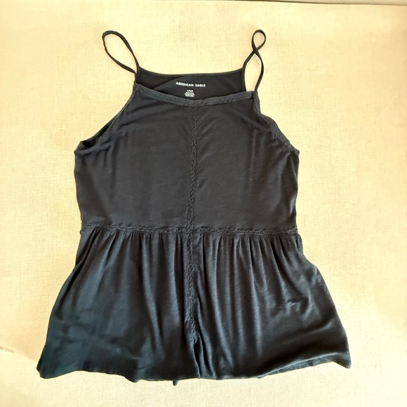 American Eagle Outfitters Tops - American Eagle Black Babydoll Cami Top Crochet Trim Spaghetti Strap Large